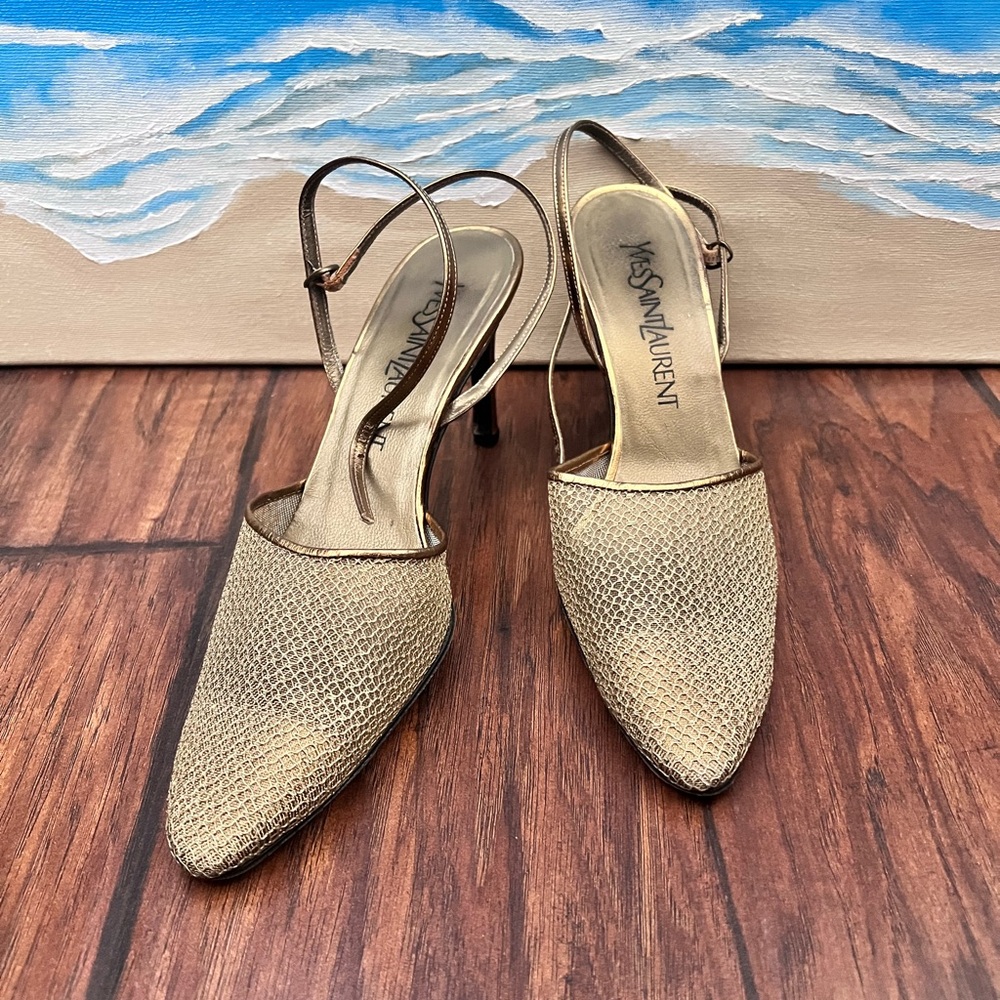 Yves Saint Laurent Gold Slingback Heels with Pointed Toe